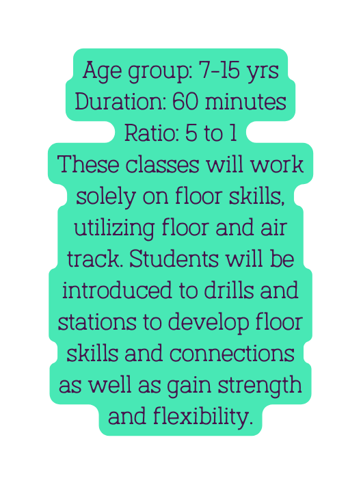Age group 7 15 yrs Duration 60 minutes Ratio 5 to 1 These classes will work solely on floor skills utilizing floor and air track Students will be introduced to drills and stations to develop floor skills and connections as well as gain strength and flexibility